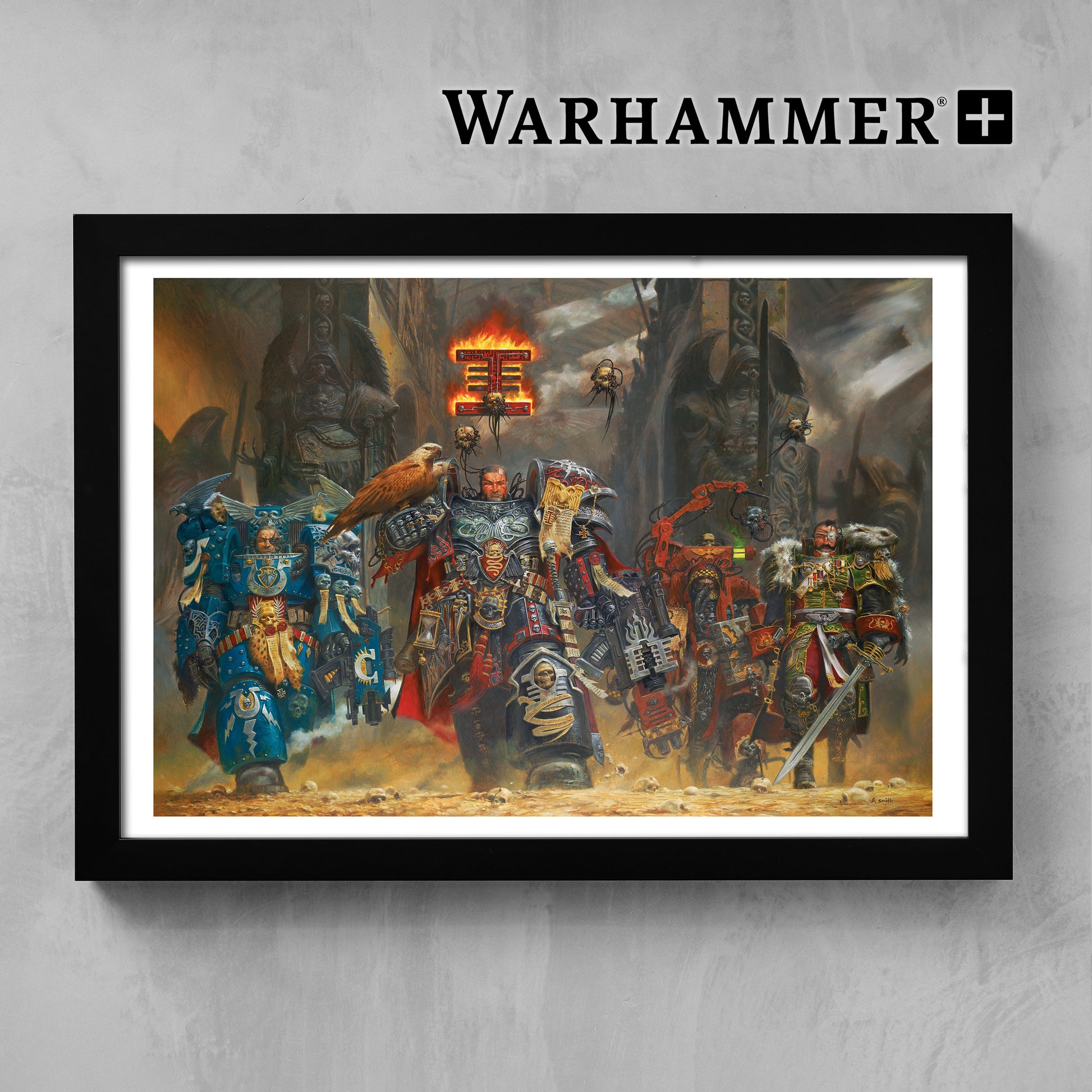 Framed Adrian Smith art print featuring detailed Warhammer Imperium warriors in a dark, cinematic battle scene.