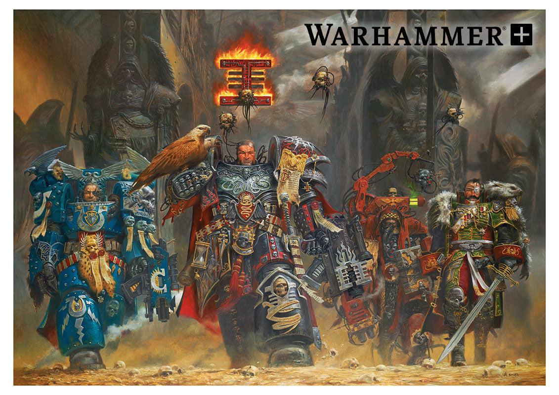Adrian Smith art print featuring detailed Warhammer Imperium warriors in dark, gritty colors on museum-quality matte paper.