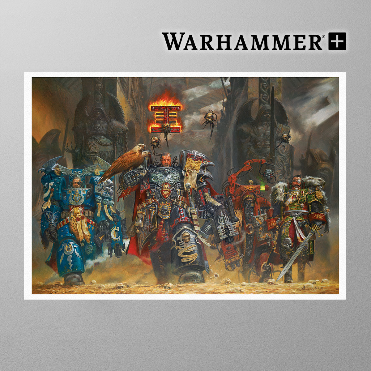 Adrian Smith art print featuring Warhammer Imperium warriors in detailed, dark-toned power armor on museum-quality paper.