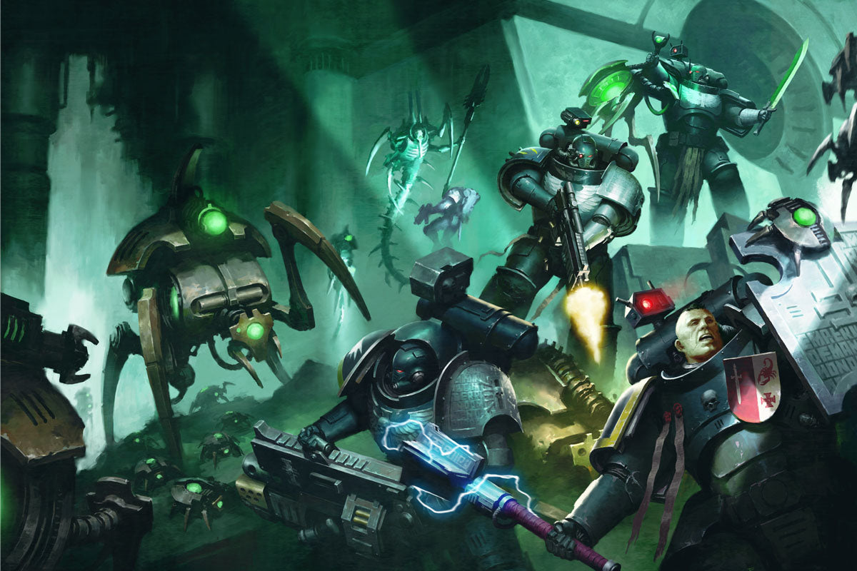 NECRONS FIGHTING DEATHWATCH-Warhammer Art