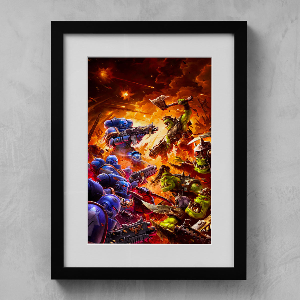 ork boyz vs ultramarines intercessors-raymond swanland-orkboyzvsultramarinesintercessors-01-framedprint-warhammer art