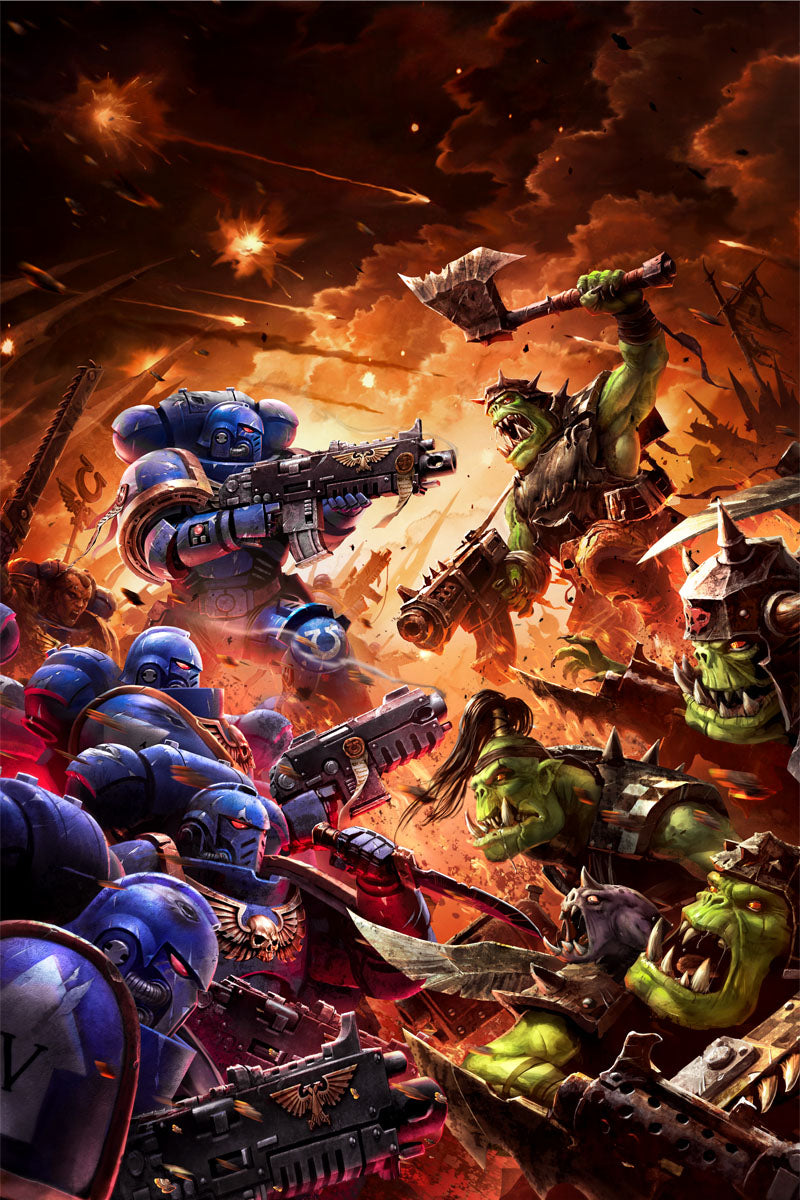 ork boyz vs ultramarines intercessors-raymond swanland-orkboyzvsultramarinesintercessors-02-thumb-warhammer art