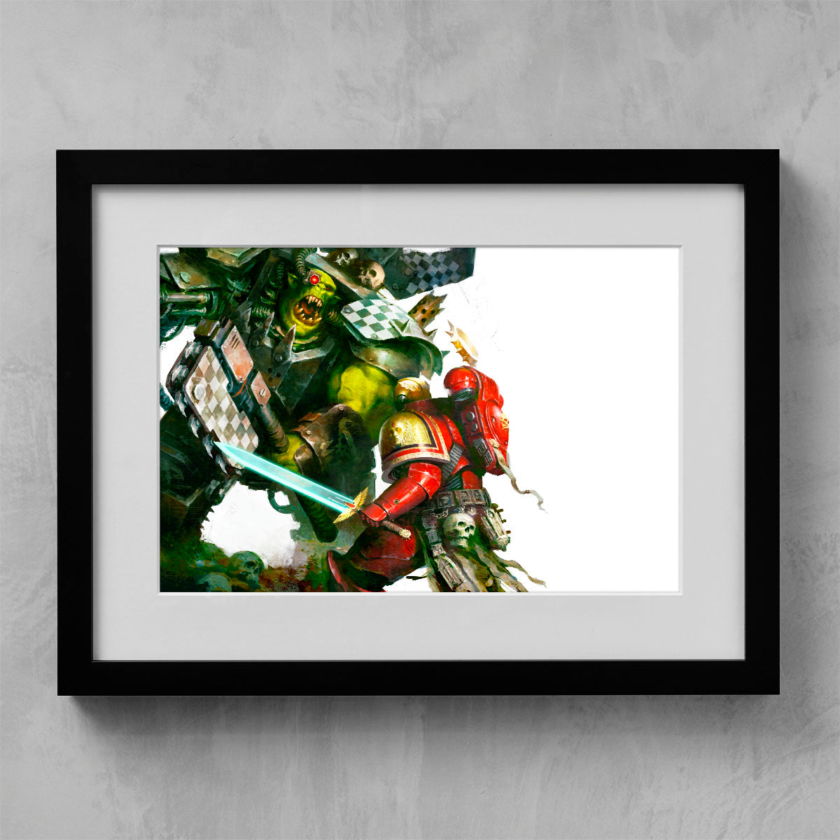 ork warboss vs blood angels veteran-mikhail savier-orkwarbossvsbloodangelsveteran-01-framedprint-warhammer art